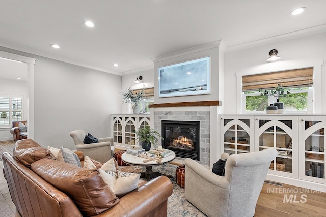 living room with crown molding and light wood-type flooring