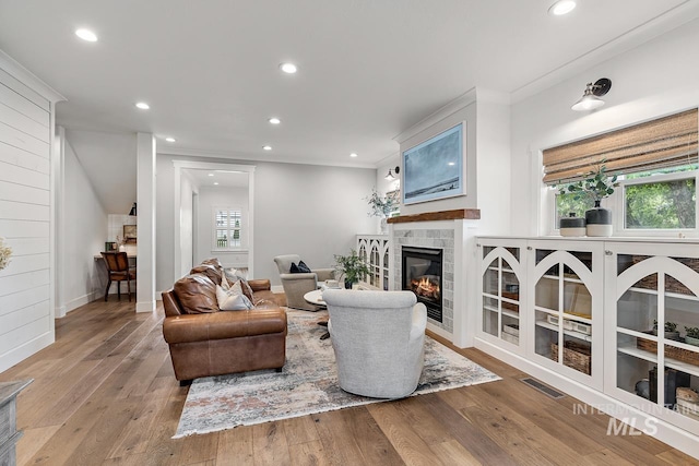 living room featuring light hardwood / wood-style floors, a healthy amount of sunlight, and a fireplace