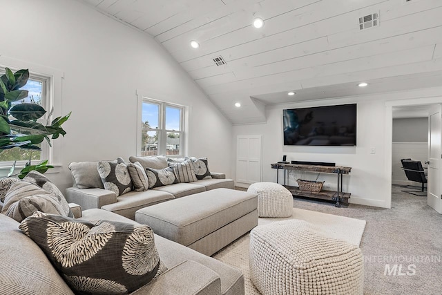 living room featuring light colored carpet, lofted ceiling, and wooden ceiling