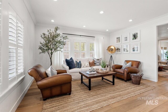 living room with crown molding and light hardwood / wood-style floors