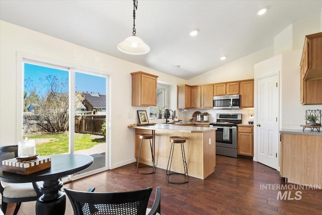 kitchen with a peninsula, appliances with stainless steel finishes, dark wood-type flooring, lofted ceiling, and a sink