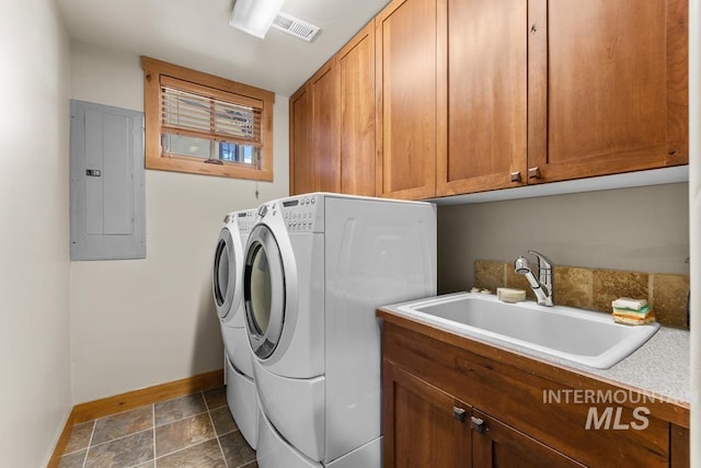 1391 Greystone Dr, Mccall, ID 83638 - laundry room featuring electric panel, washing machine and dryer, baseboards, and cabinet space
