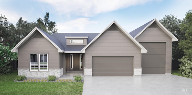 view of front of house featuring stone siding, driveway, a garage, and a front yard
