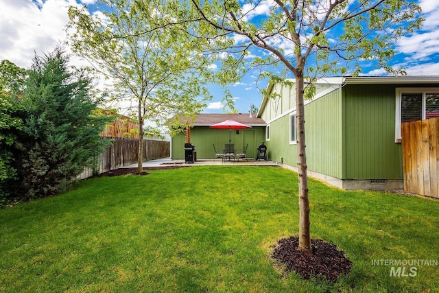 view of yard featuring a fenced backyard and a patio
