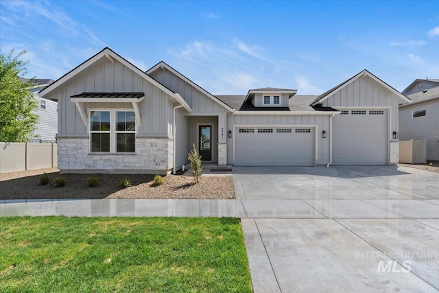 2391 E Snocreek Dr, Eagle, ID 83616 - modern inspired farmhouse with fence, an attached garage, stone siding, board and batten siding, and concrete driveway
