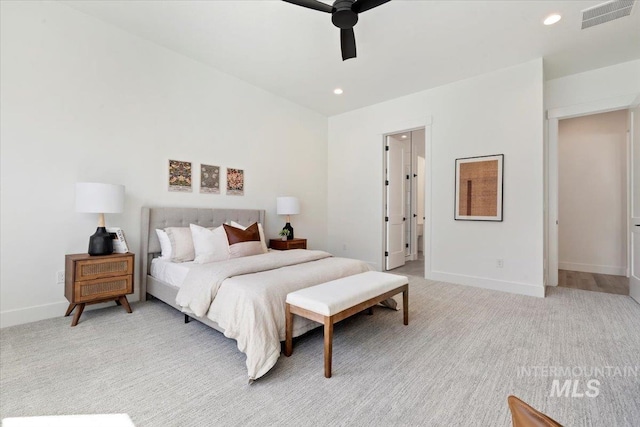 2391 E Snocreek Dr, Eagle, ID 83616 - bedroom featuring light carpet, recessed lighting, baseboards, a ceiling fan, and visible vents