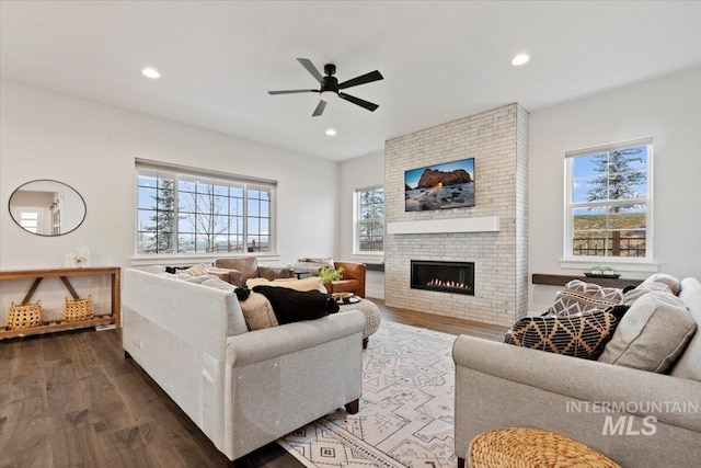 living room with ceiling fan, dark hardwood / wood-style flooring, and a fireplace