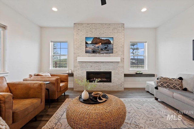 living room featuring a healthy amount of sunlight, wood-type flooring, and a fireplace