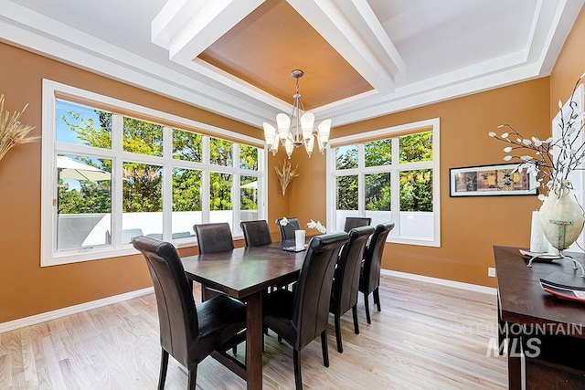 dining area featuring a chandelier, healthy amount of natural light, baseboards, light wood-type flooring, and beamed ceiling