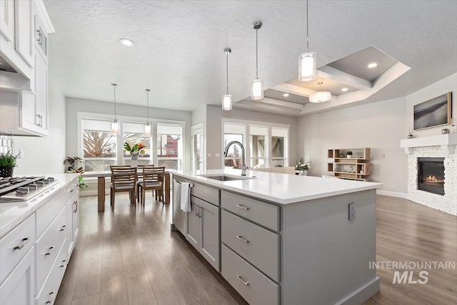 kitchen with a sink, light countertops, appliances with stainless steel finishes, gray cabinets, and dark wood-style floors