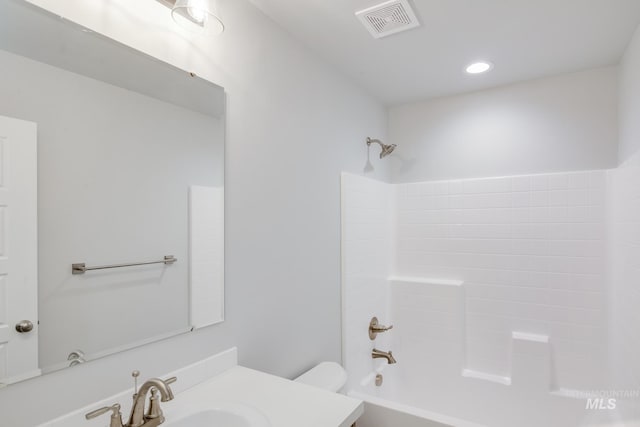 full bathroom with shower / bathtub combination, recessed lighting, visible vents, toilet, and vanity