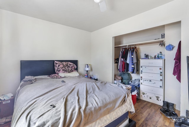 bedroom with a closet, wood finished floors, and a ceiling fan