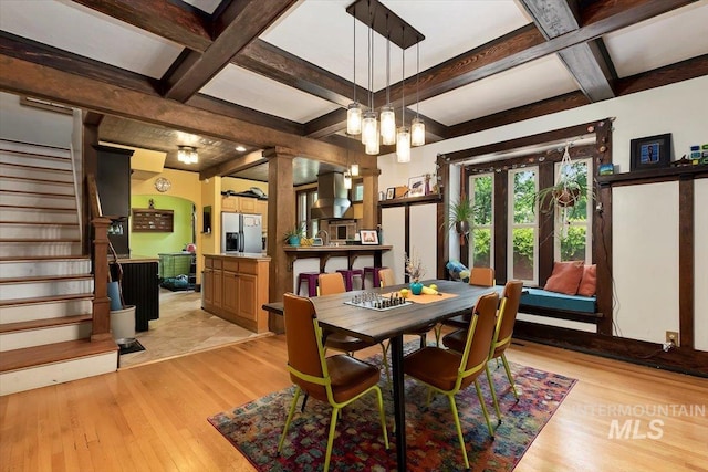 204 7th Ave N, Twin Falls, ID 83301 - dining area with coffered ceiling, light wood-style floors, beamed ceiling, and stairway