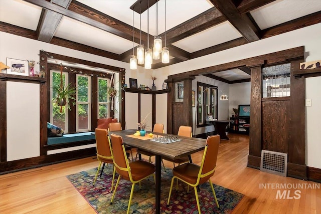 204 7th Ave N, Twin Falls, ID 83301 - dining area with coffered ceiling, wood finished floors, and beam ceiling