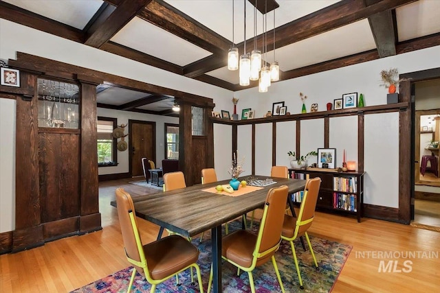 204 7th Ave N, Twin Falls, ID 83301 - dining area featuring light wood finished floors, coffered ceiling, beam ceiling, and baseboards