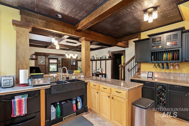 204 7th Ave N, Twin Falls, ID 83301 - kitchen with an ornate ceiling, dishwasher, light countertops, a sink, and beamed ceiling
