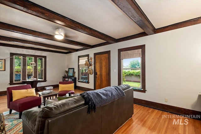 204 7th Ave N, Twin Falls, ID 83301 - living area featuring baseboards, light wood-style flooring, and beamed ceiling