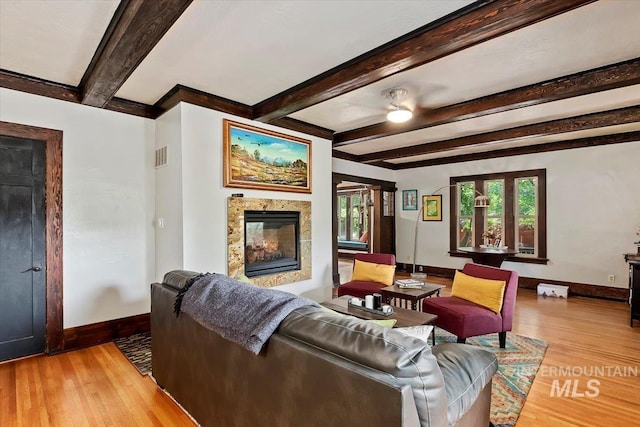 204 7th Ave N, Twin Falls, ID 83301 - living area with baseboards, a fireplace, light wood finished floors, and beam ceiling
