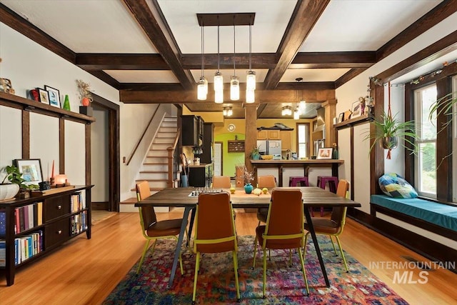 204 7th Ave N, Twin Falls, ID 83301 - dining area with coffered ceiling, light wood-type flooring, beam ceiling, stairway, and baseboards