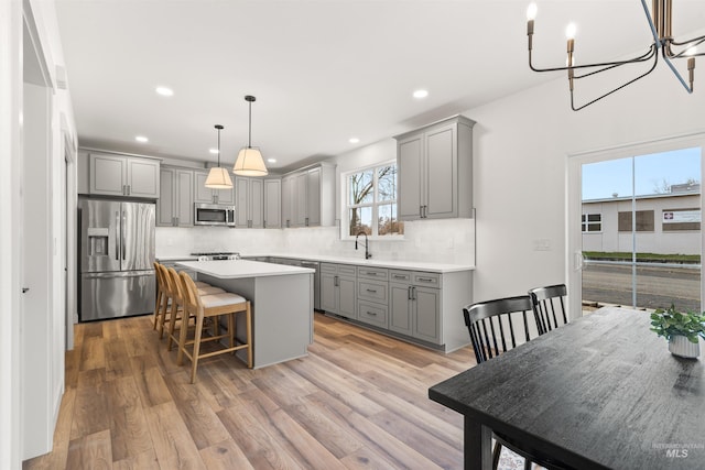 kitchen with backsplash, a center island, stainless steel appliances, and light wood-type flooring