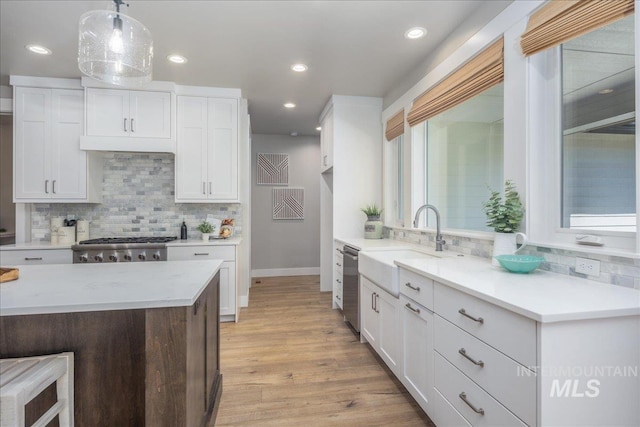 1864 N Highbury Way, Eagle, ID 83616 - kitchen featuring decorative backsplash, stainless steel appliances, white cabinetry, decorative light fixtures, and recessed lighting