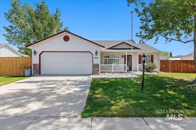 ranch-style home with covered porch, driveway, a front yard, a garage, and fence