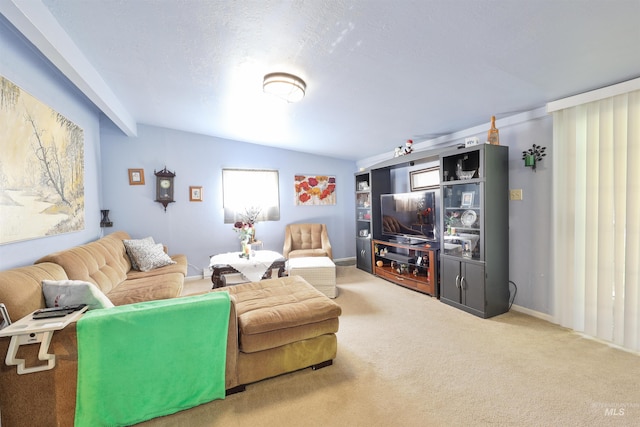 carpeted living room featuring a textured ceiling