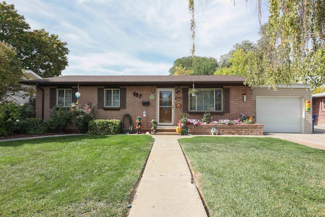 single story home featuring a garage and a front yard