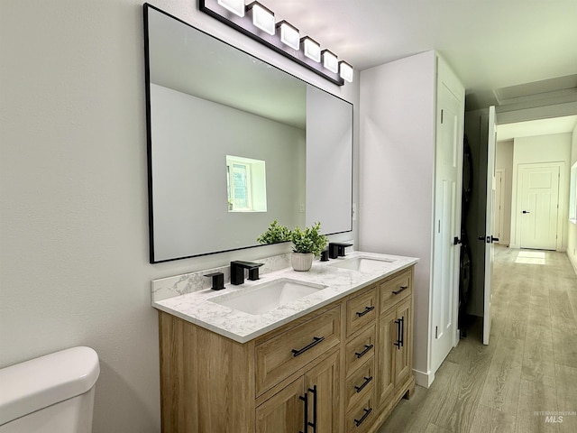 304 N C St, Grangeville, ID 83530 - bathroom featuring wood finished floors, toilet, and double vanity