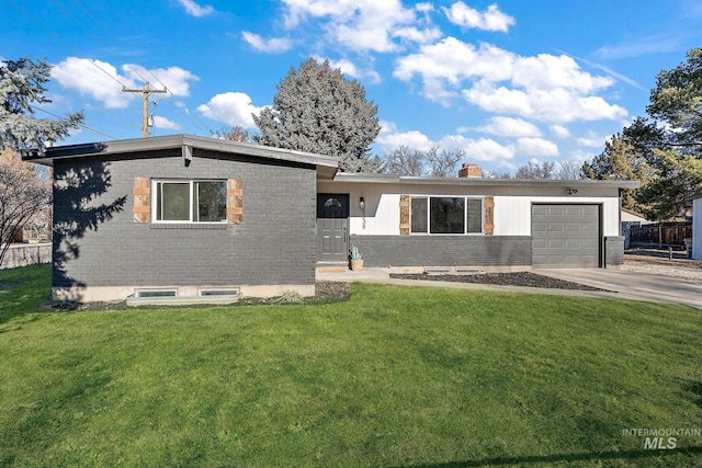 single story home with a garage and a front lawn