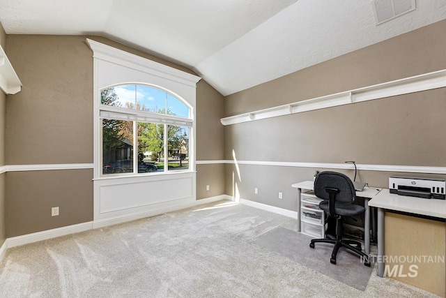 1928 E Mountain Man Dr, Meridian, ID 83646 - office area with carpet floors, baseboards, vaulted ceiling, and visible vents