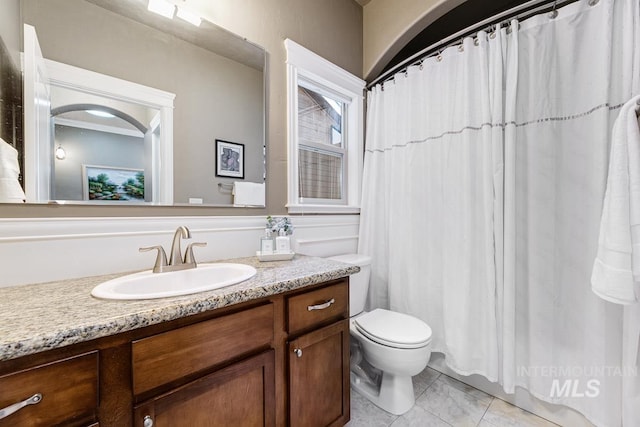 1928 E Mountain Man Dr, Meridian, ID 83646 - bathroom featuring vanity, tile patterned flooring, a shower with curtain, and toilet