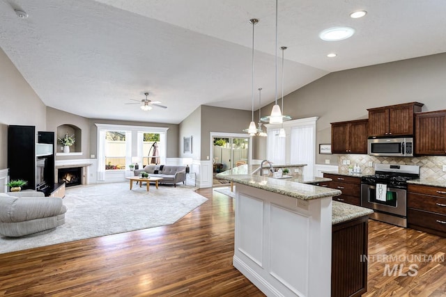 1928 E Mountain Man Dr, Meridian, ID 83646 - kitchen with ceiling fan, appliances with stainless steel finishes, an island with sink, lofted ceiling, and dark wood-type flooring