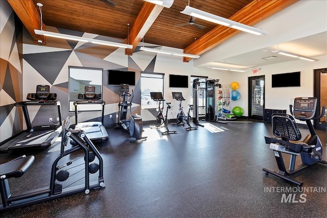 8456 W Meltwater Ln, Eagle, ID 83616 - exercise room featuring wooden ceiling with exposed beams