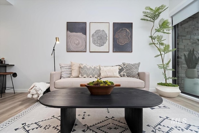 living area with baseboards and wood finished floors