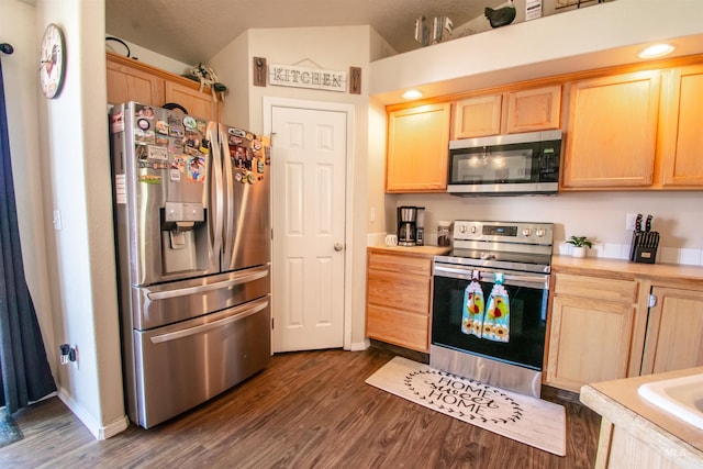 8340 E Expedition, Nampa, ID 83687 - kitchen with appliances with stainless steel finishes, light brown cabinetry, dark wood-style flooring, and baseboards