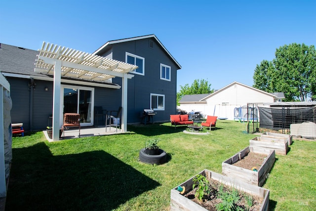 8340 E Expedition, Nampa, ID 83687 - rear view of property featuring a vegetable garden, a pergola, a patio area, and outdoor lounge area