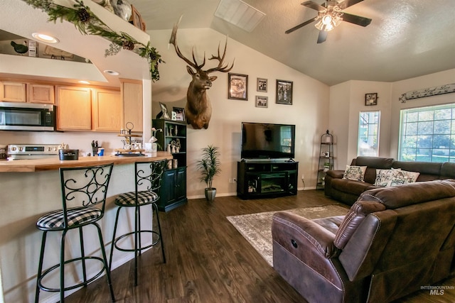 8340 E Expedition, Nampa, ID 83687 - living room featuring dark wood-type flooring, a ceiling fan, lofted ceiling, and baseboards