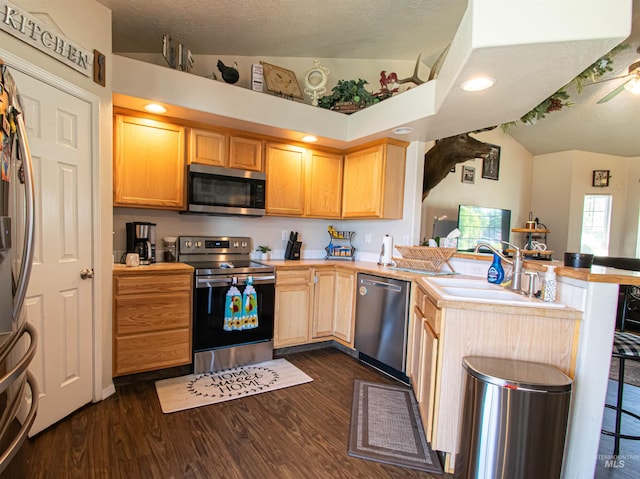 8340 E Expedition, Nampa, ID 83687 - kitchen featuring stainless steel appliances, a peninsula, light countertops, light brown cabinets, and a sink