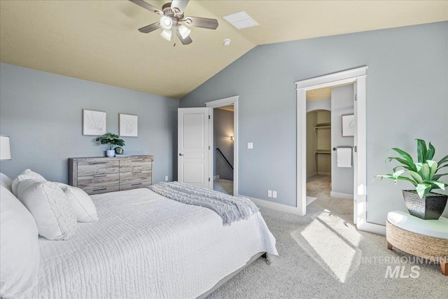 568 S Wooddale Pl, Eagle, ID 83616 - bedroom with lofted ceiling, a ceiling fan, arched walkways, baseboards, and carpet flooring