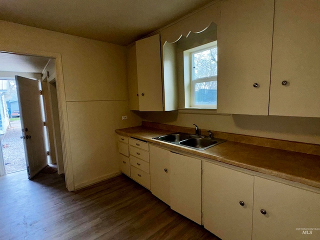 kitchen with white cabinetry, dark wood-type flooring, and a sink