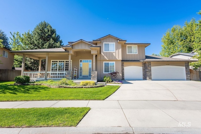13127 W Pala Mesa Dr, Boise, ID 83713 - view of front of house with concrete driveway, board and batten siding, a porch, stone siding, and an attached garage
