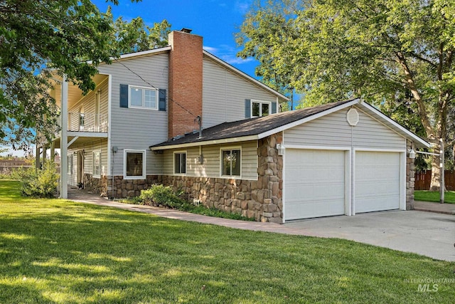 11141 Hailey Ave, Nampa, ID 83651 - view of home's exterior featuring a chimney, stone siding, a yard, and roof with shingles