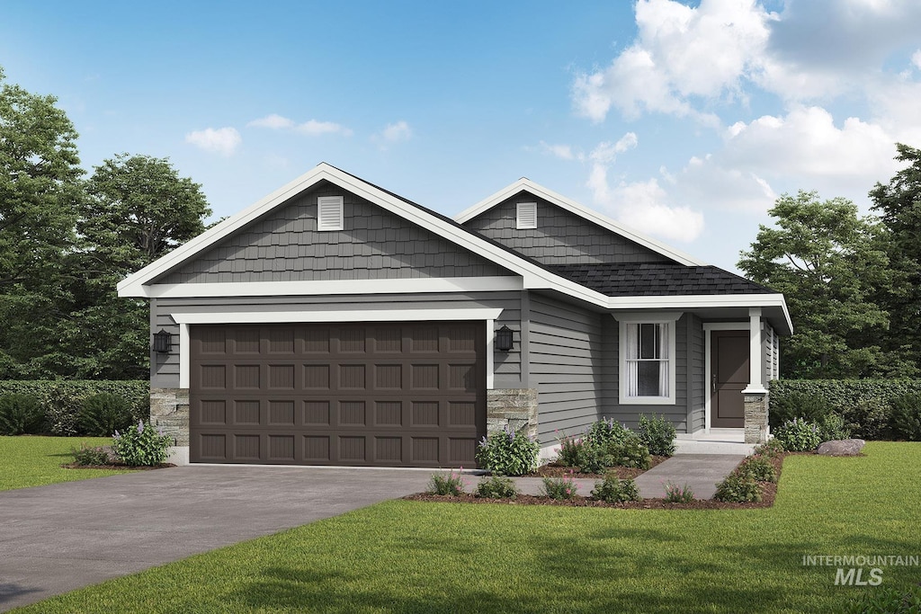 craftsman house featuring a garage, driveway, stone siding, and a front yard