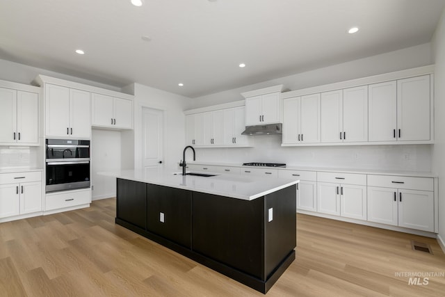 kitchen with white cabinetry, sink, light hardwood / wood-style floors, and a center island with sink