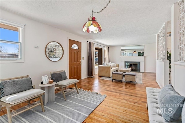 interior space with a glass covered fireplace, wood finished floors, and a textured ceiling