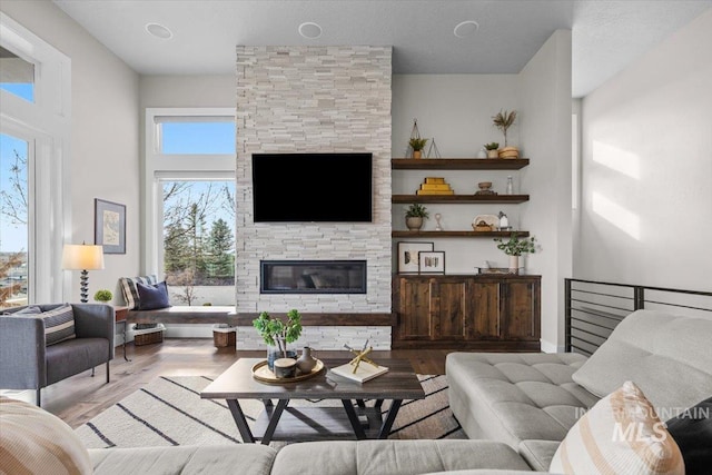 living room with a stone fireplace and wood finished floors