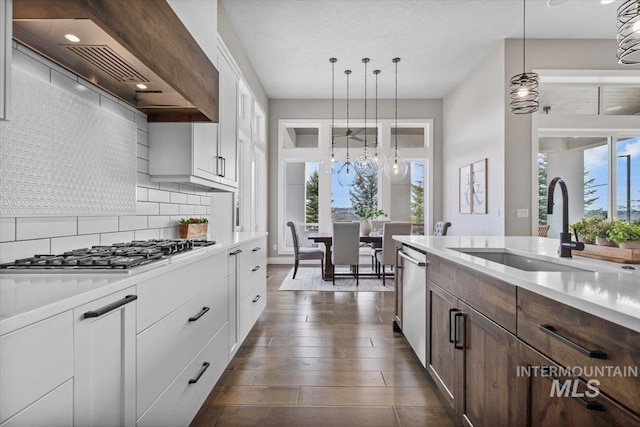 kitchen with tasteful backsplash, dark wood-type flooring, premium range hood, light countertops, and appliances with stainless steel finishes