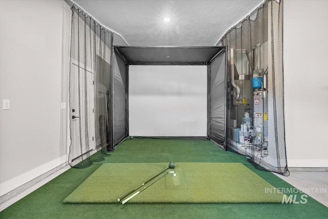 recreation room with carpet flooring, golf simulator, and baseboards