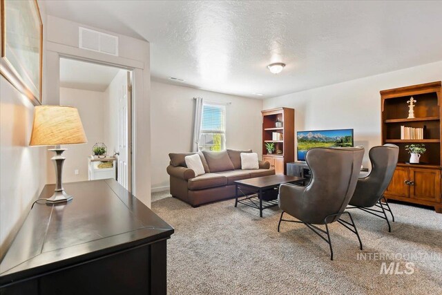 carpeted living room with a textured ceiling